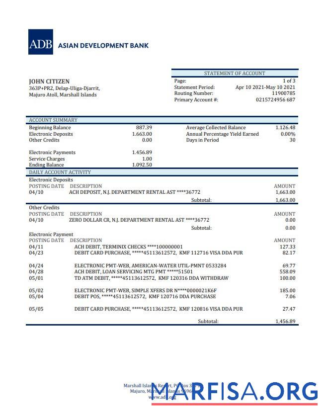Blank Marshal Islands ADB bank statement word sample